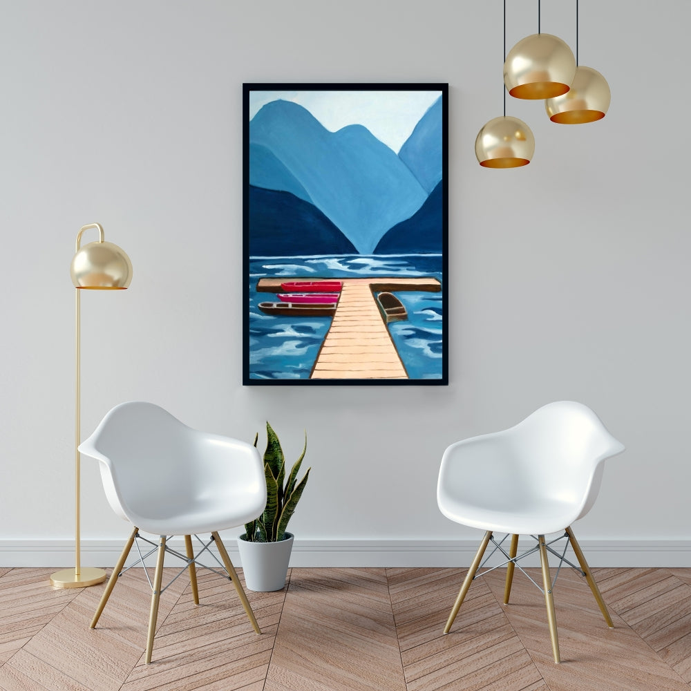 Blue Marine Mountains Framed Canvas - Lake, Quai & Mountains Decor