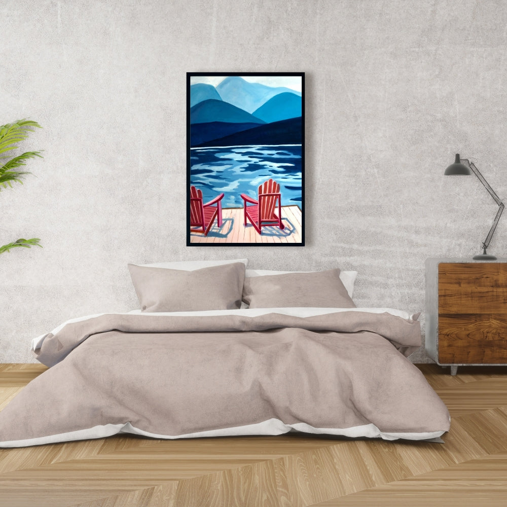 Mountains Marine Blue Canvas - Lake, Dock, Mountains & Chairs