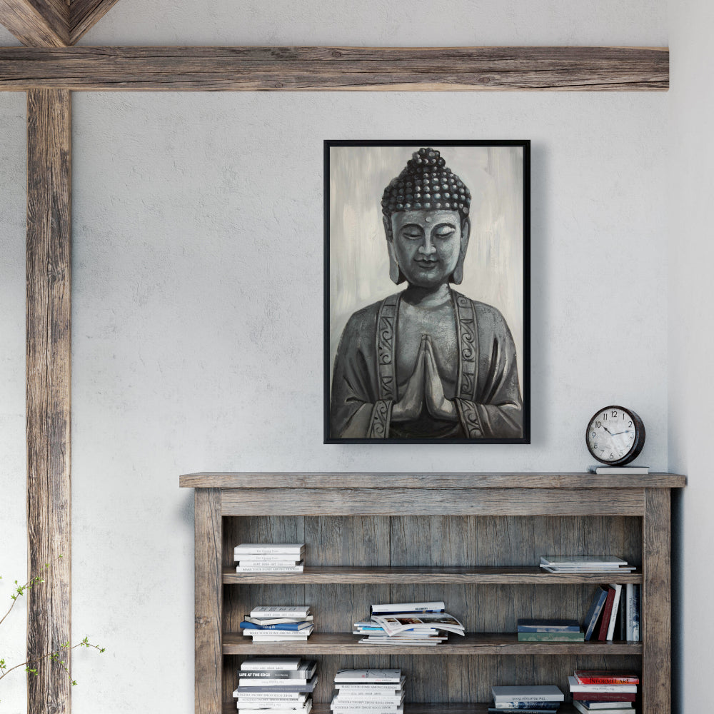 Gray Asian Framed Buddha Canvas | Elegant Bedroom Wall Art
