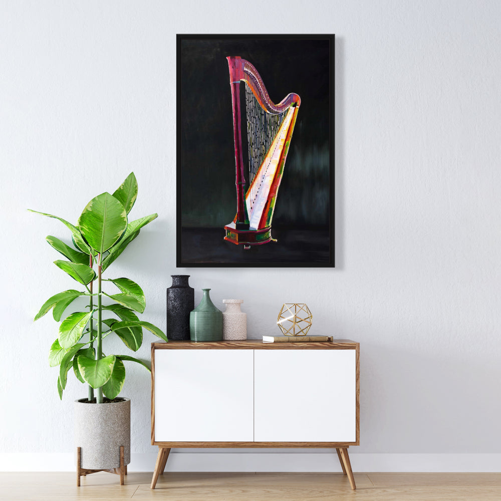 Harpe colorée et réaliste | Toile avec cadre noir pour décoration de chambre