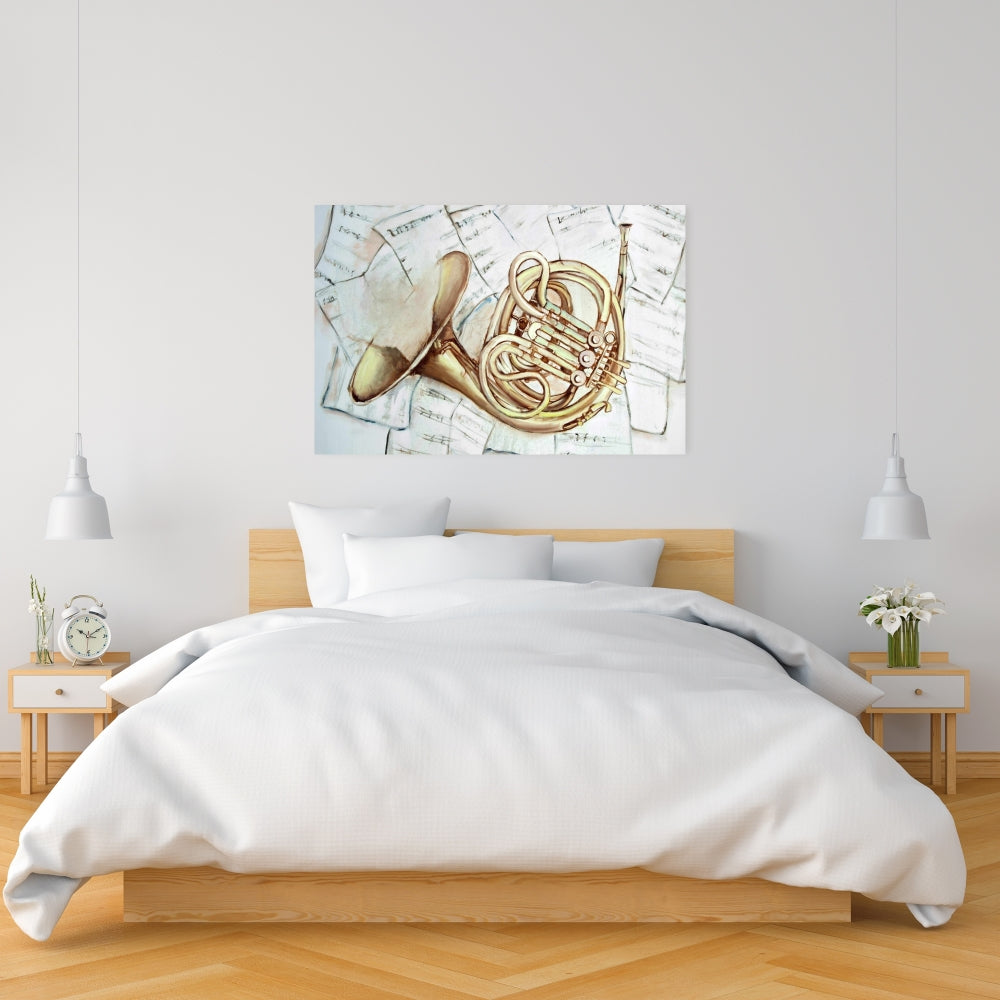 Horn on Music Sheet Canvas | Bedroom Wall Art Decor