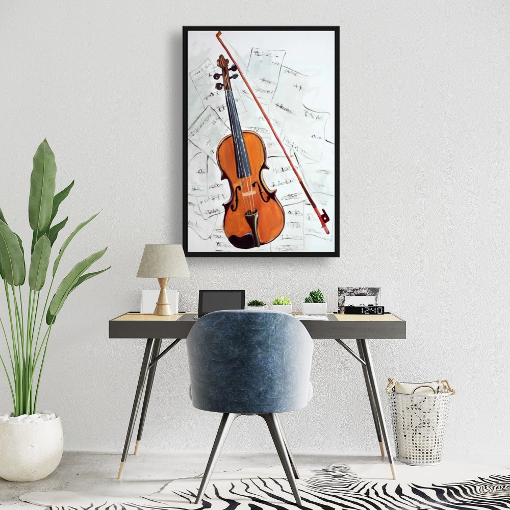 Violin on Music Sheet | White Framed Canvas | Home Decor