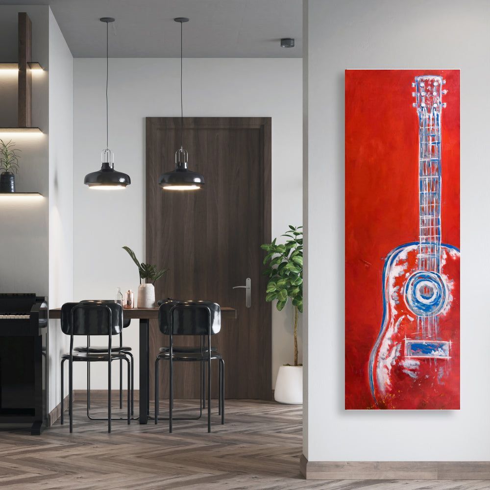 Modern Red Abstract Guitar Canvas | Musical Instrument Art