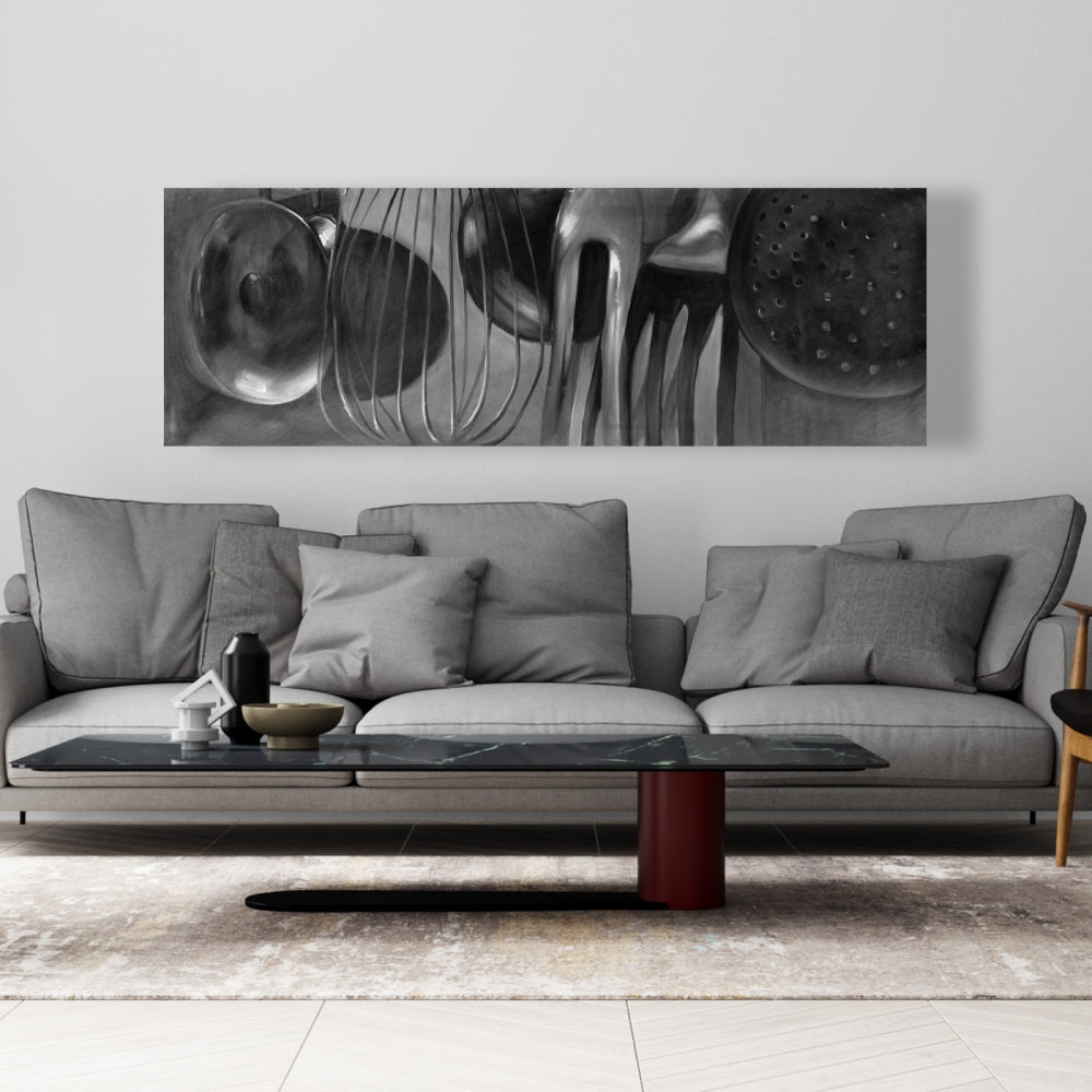 Toile monochrome grise avec ustensiles de cuisine - Décoration murale
