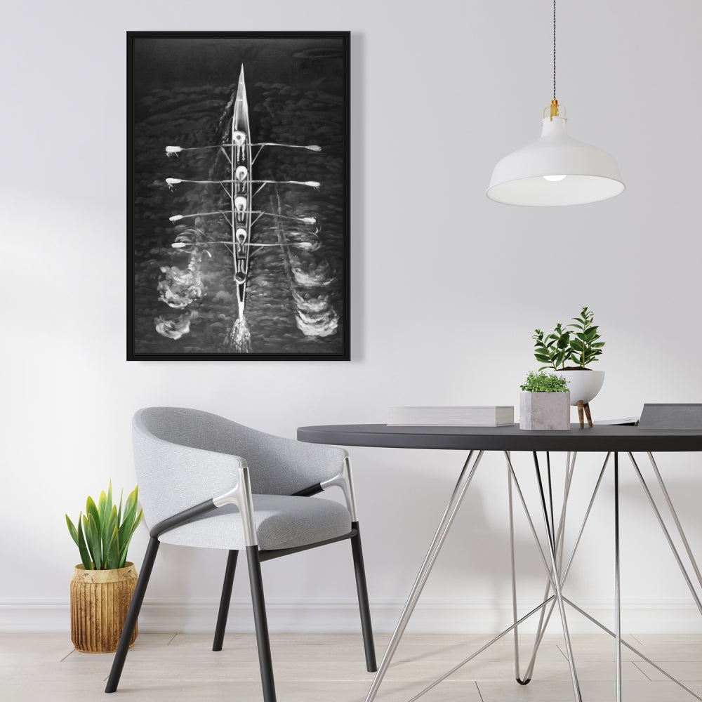 Toile encadrée blanche représentant un bateau à rames - Décoration d'intérieur sportive et ludique
