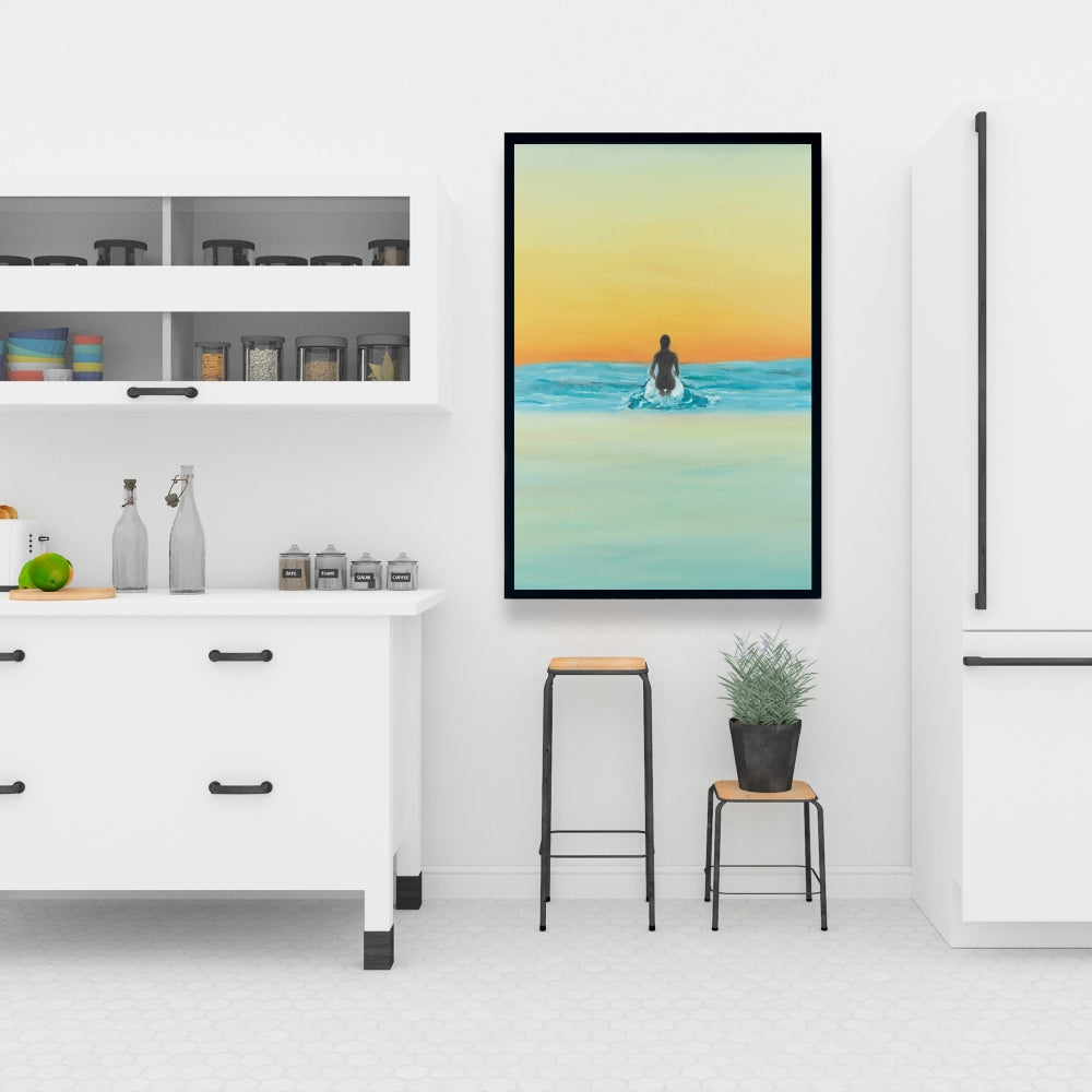 Surfeur à l'aube – Toile encadrée avec vue sur la mer | Décoration d'intérieur