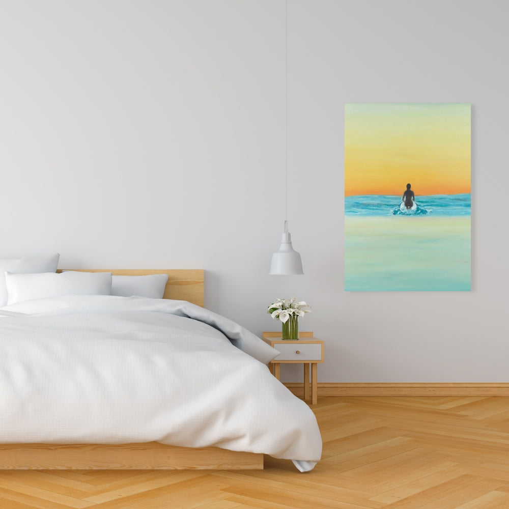 Surfer Swimming by Dawn | Blue Bedroom Canvas Home Decor
