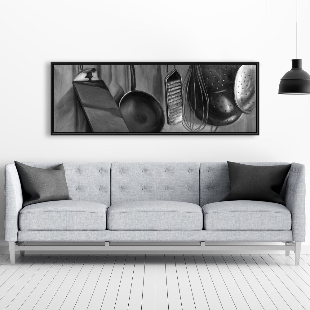 Framed Canvas Kitchen Tools for Chef | Gray Object Decor