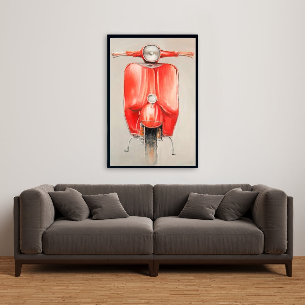 Small Red Moped Canvas | Red Transportation Motorcycle Art