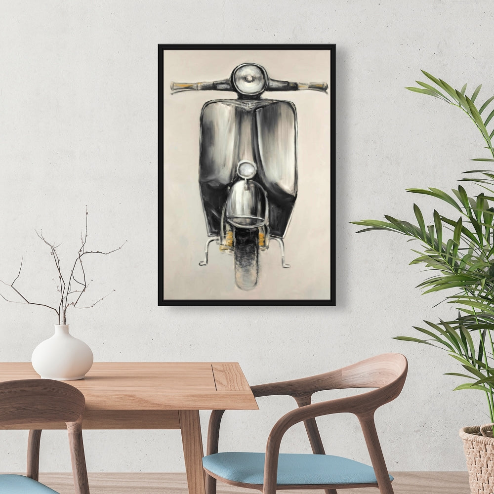Small Black Moped Gray Framed Canvas | Bedroom Wall Decor