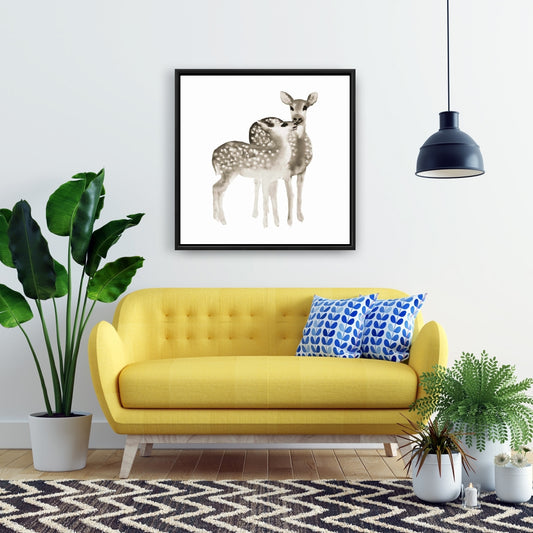 Toile « Amour des faons sépia » – Décor rustique avec cadre marron