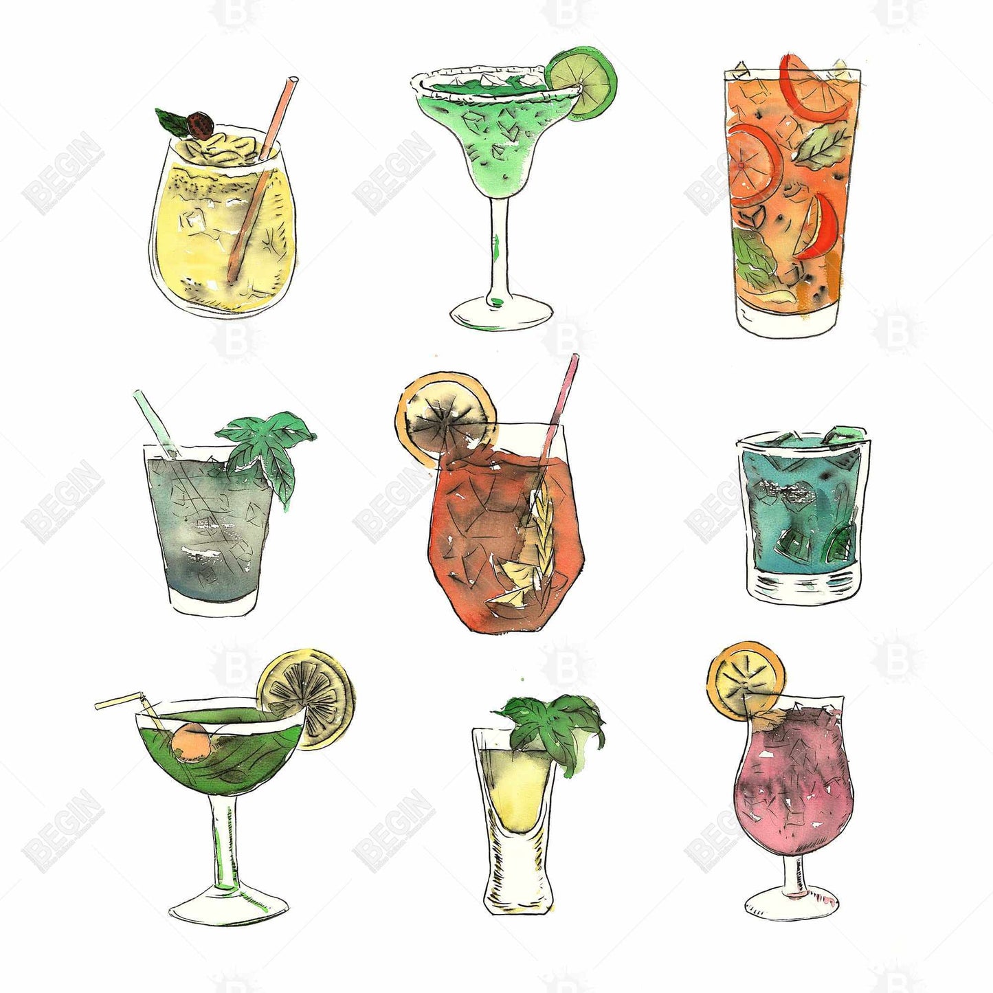 Colorful Cocktails Leaves Blue Canvas - Home Decor Artwork