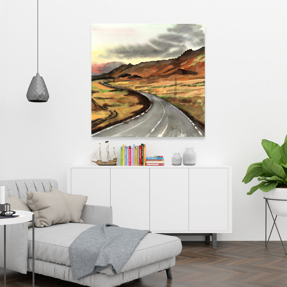 On the Road in Iceland Canvas - Bedroom Mountains Brown Decor