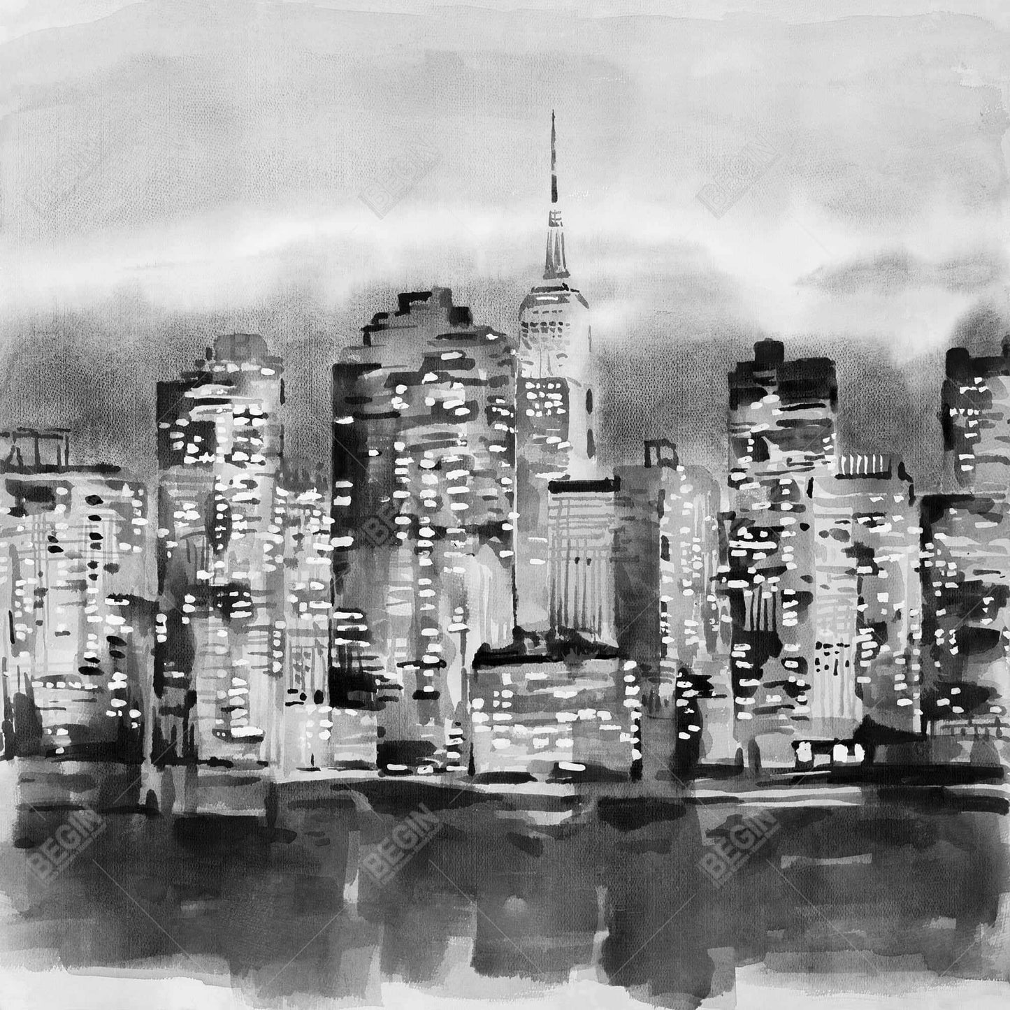 Gray Bedroom Canvas | Watercolor Cityscape Building Decor