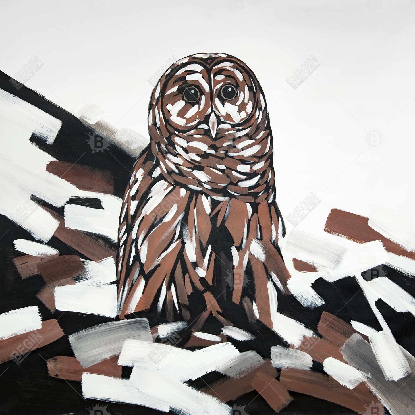 Toile blanche rustique représentant une chouette hulotte | Décoration d'intérieur et art animalier