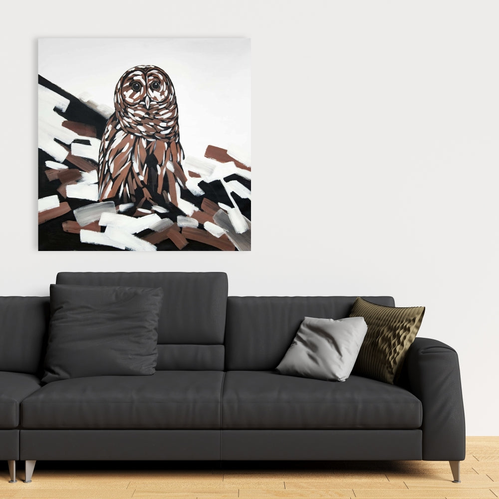 Toile blanche rustique représentant une chouette hulotte | Décoration d'intérieur et art animalier