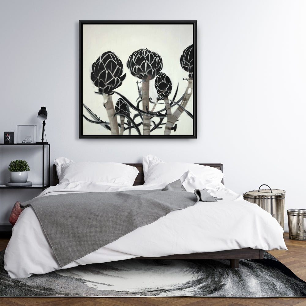Toile Artichauts - Décoration florale et botanique de cuisine avec cadre noir