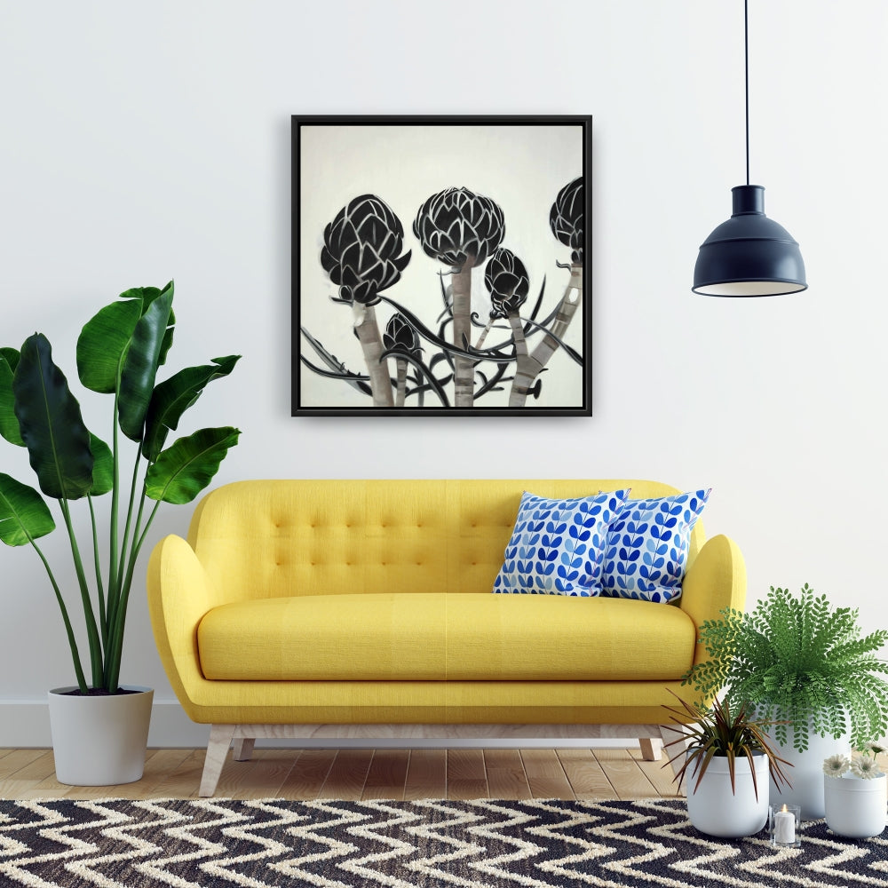 Toile Artichauts - Décoration florale et botanique de cuisine avec cadre noir