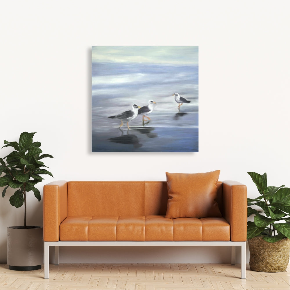 Three Gulls Canvas - Blue Bird Living Room Decor Wall Art