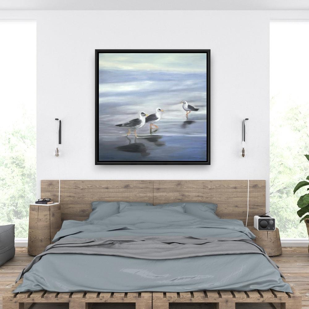 Toile encadrée bleue « Trois Mouettes » | Décoration de salon