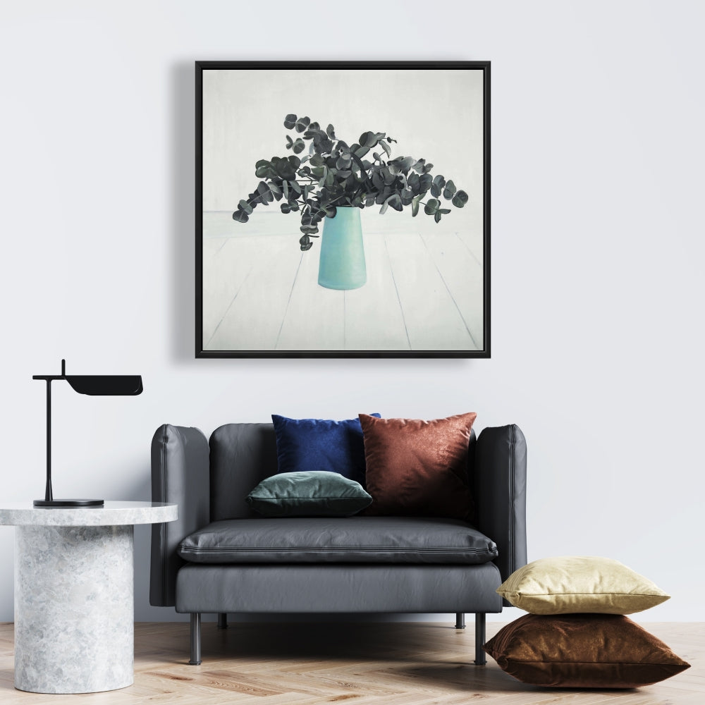 White Floral Botanical Framed Canvas - Bouquet of Eucalyptus
