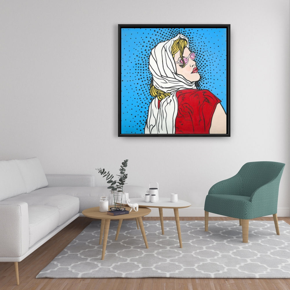 Pop Art Woman Canvas | Blue Shapes Framed Home Decor