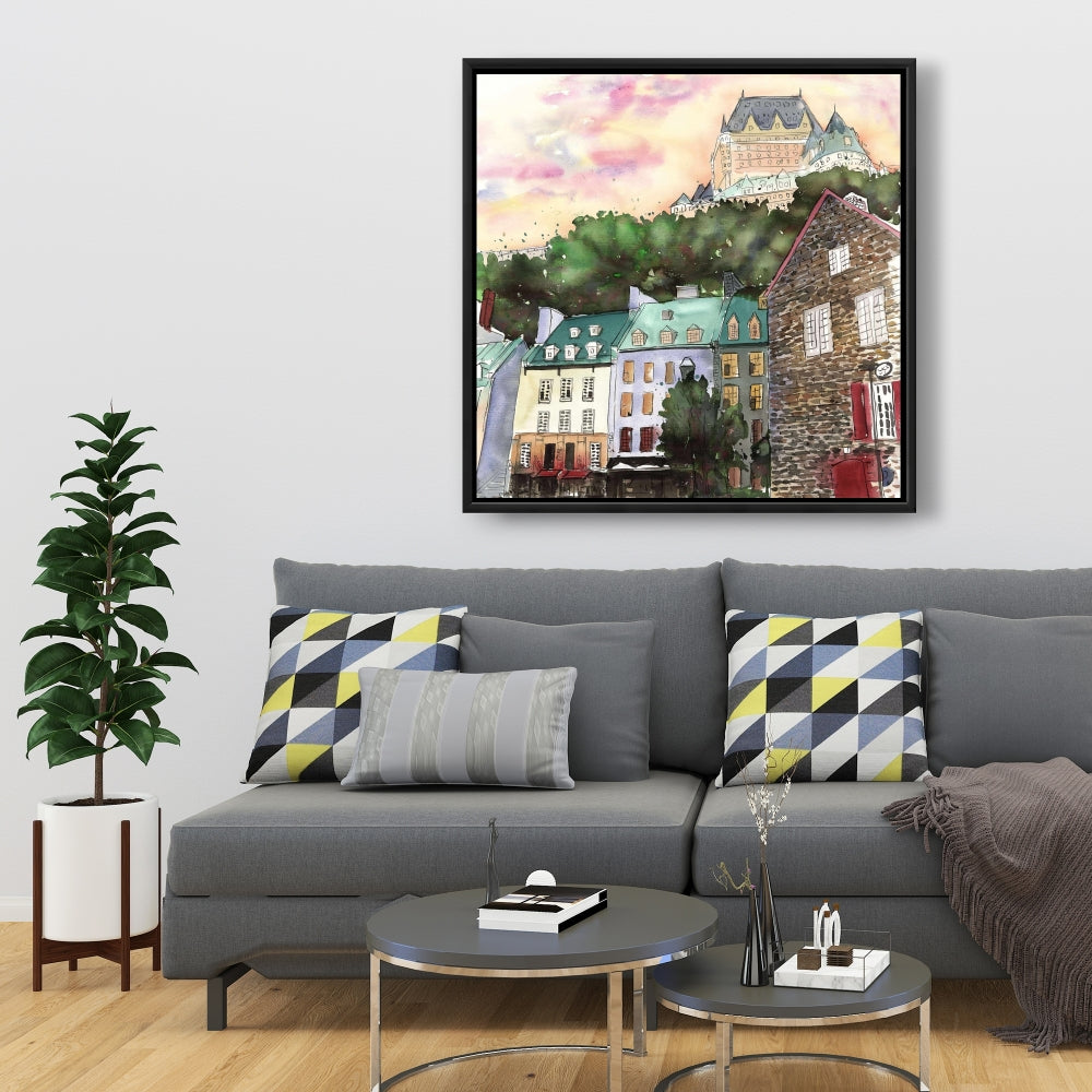 Toile du Château Frontenac | Décoration d'intérieur encadrée avec arbres bruns