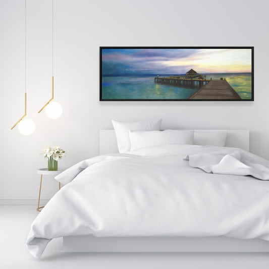 Boardwalk Sunset Canvas | Coastal Bedroom Blue Framed Decor