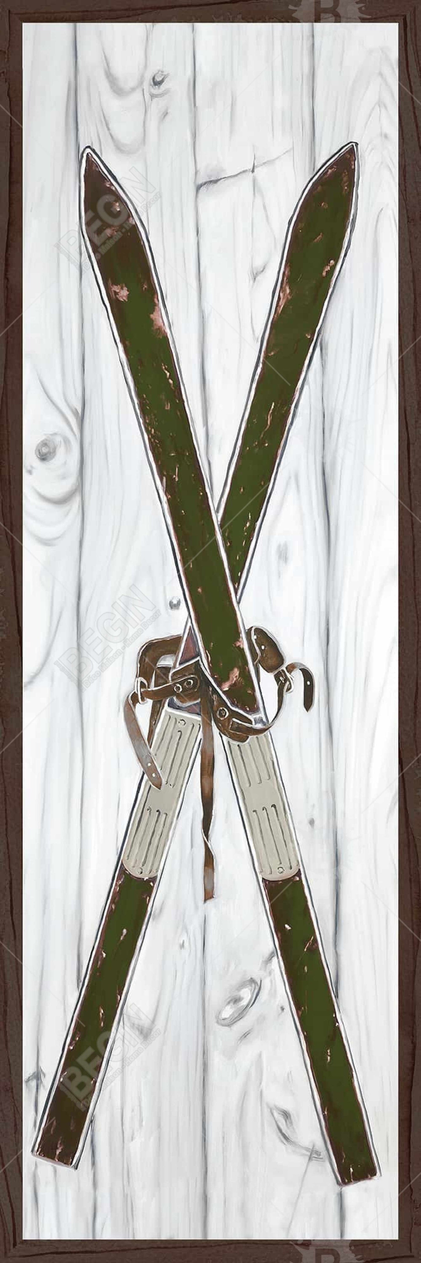 Toile verte avec skis vintage | Décoration de salon marron