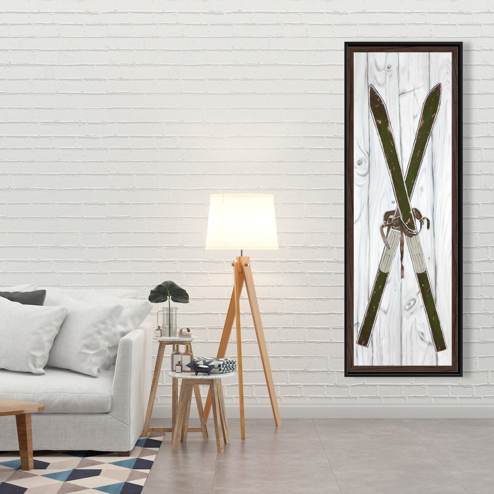 Toile encadrée verte avec skis vintage | Décoration sportive pour le salon