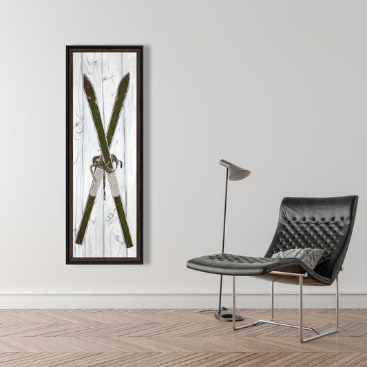 Green Vintage Skis Framed Canvas | Sports Decor for Livingroom