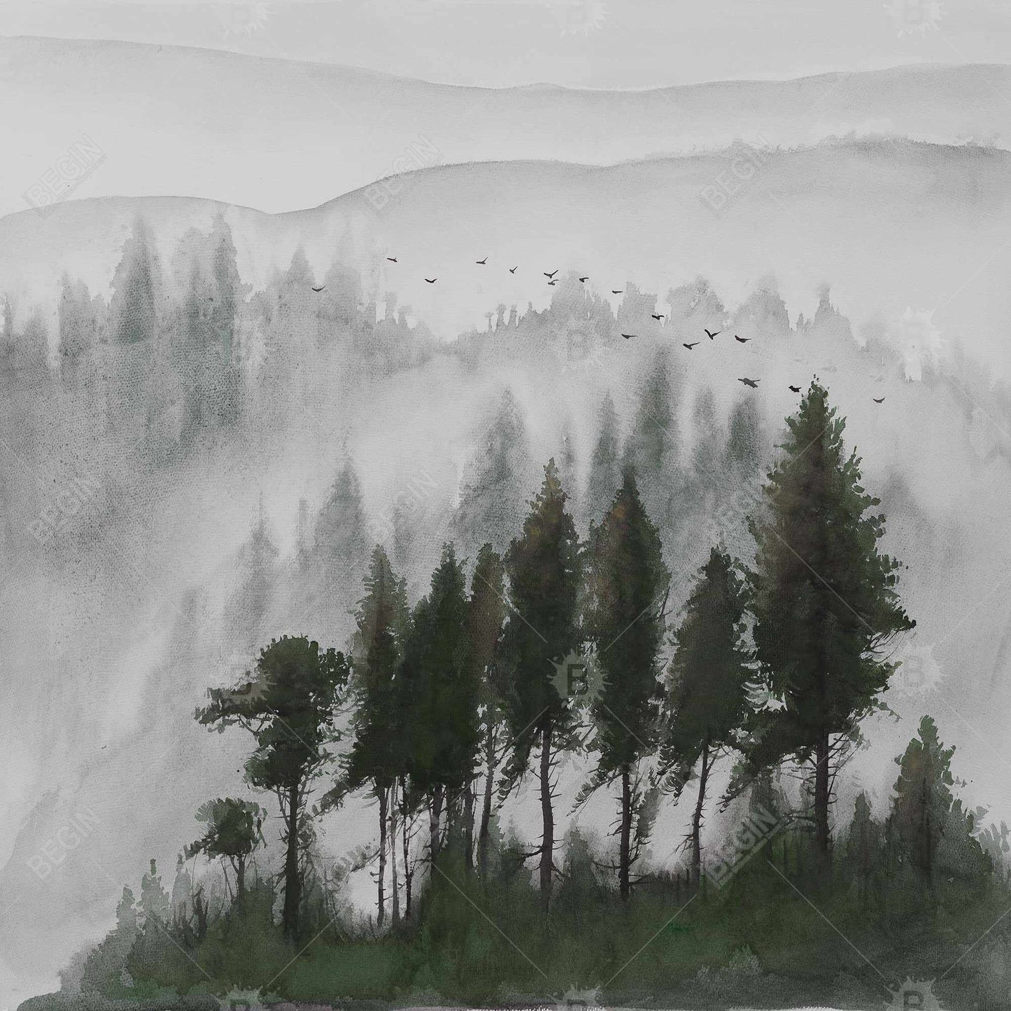 Brown Minimalist Canvas | Dark Watercolor Mountains Decor