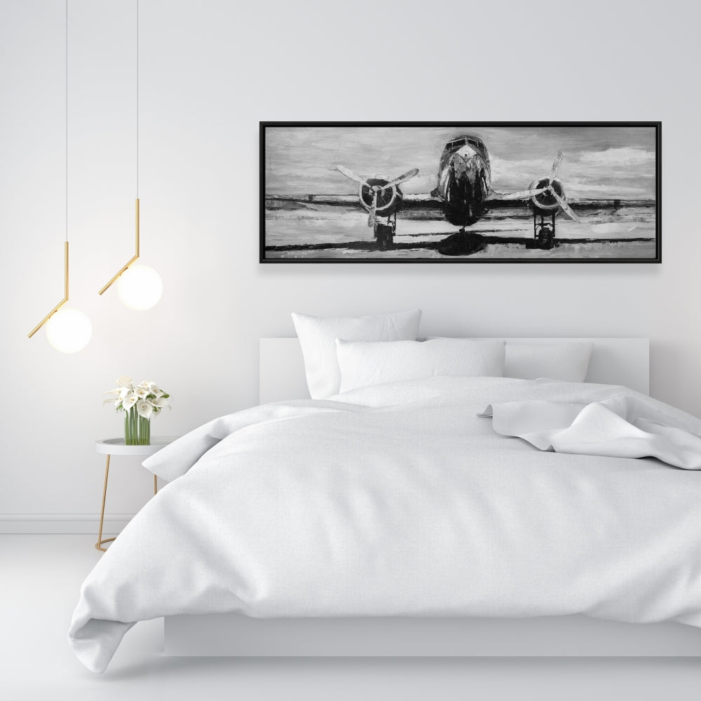 Grayscale Plane Canvas | Industrial Living Room Decor