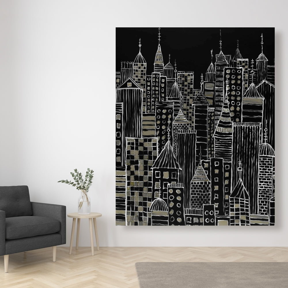 Illustrative City Towers Black Canvas - Living Room Decor