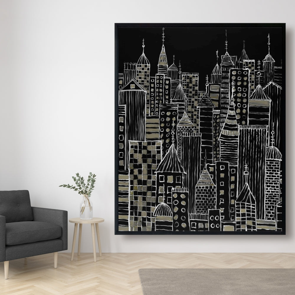 Toile illustrative de tours urbaines – Décoration murale encadrée pour la maison