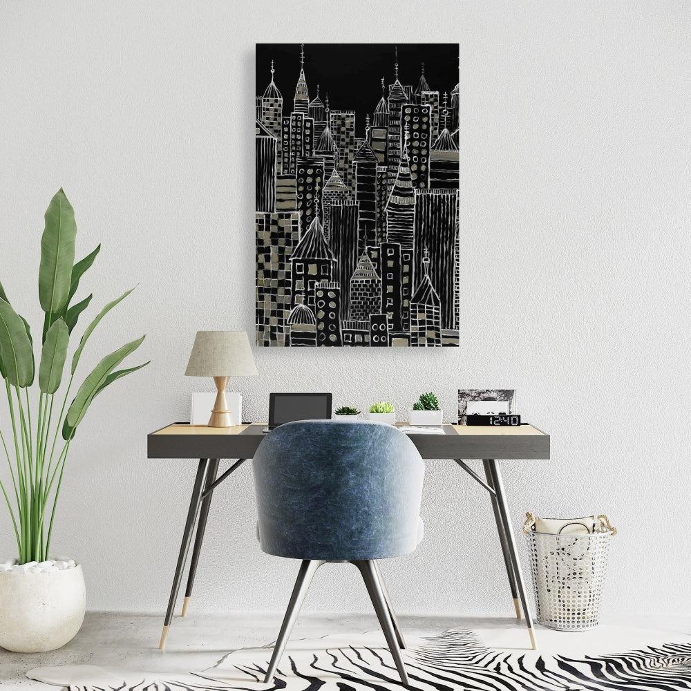 Illustrative City Towers Black Canvas - Living Room Decor