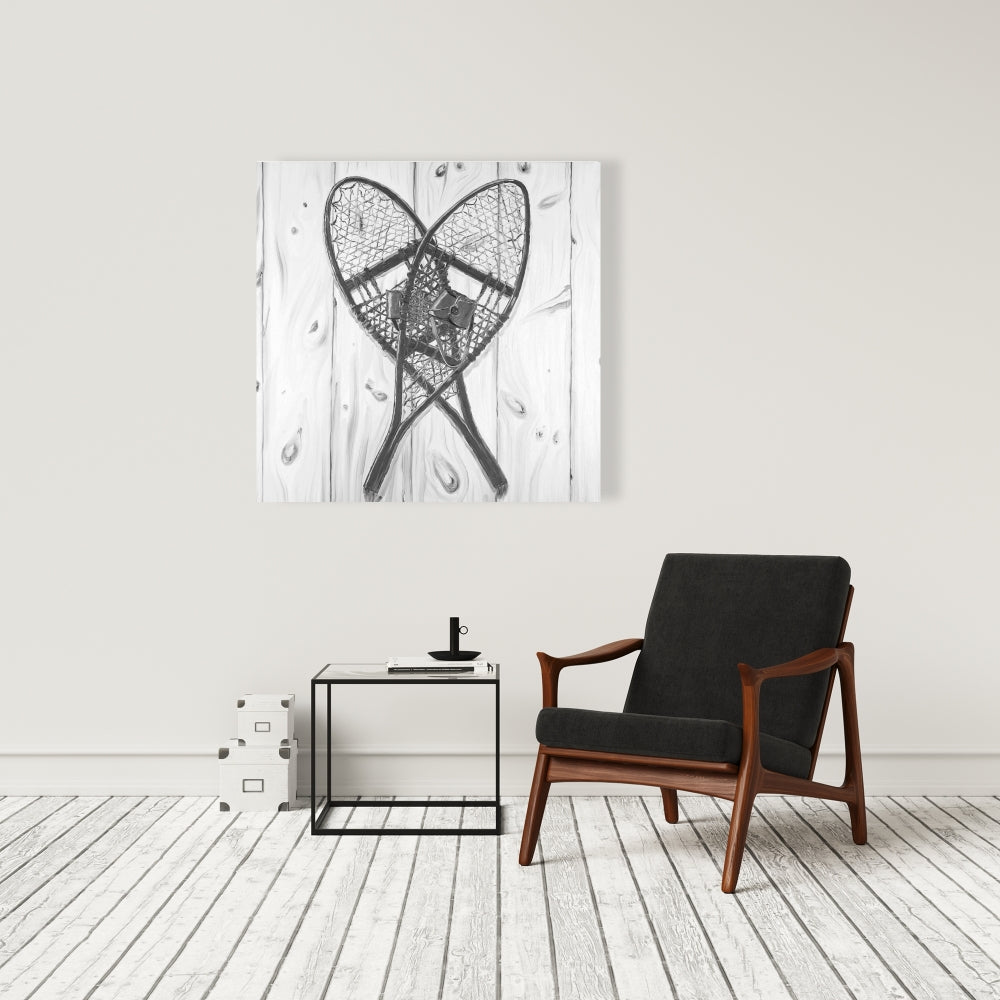 Vintage Monochrome Wood Snowshoes Canvas | Rustic Home Decor