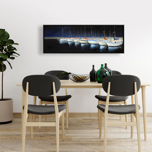 Toile « Bateaux de pêche à la marina » | Décoration murale encadrée bleue