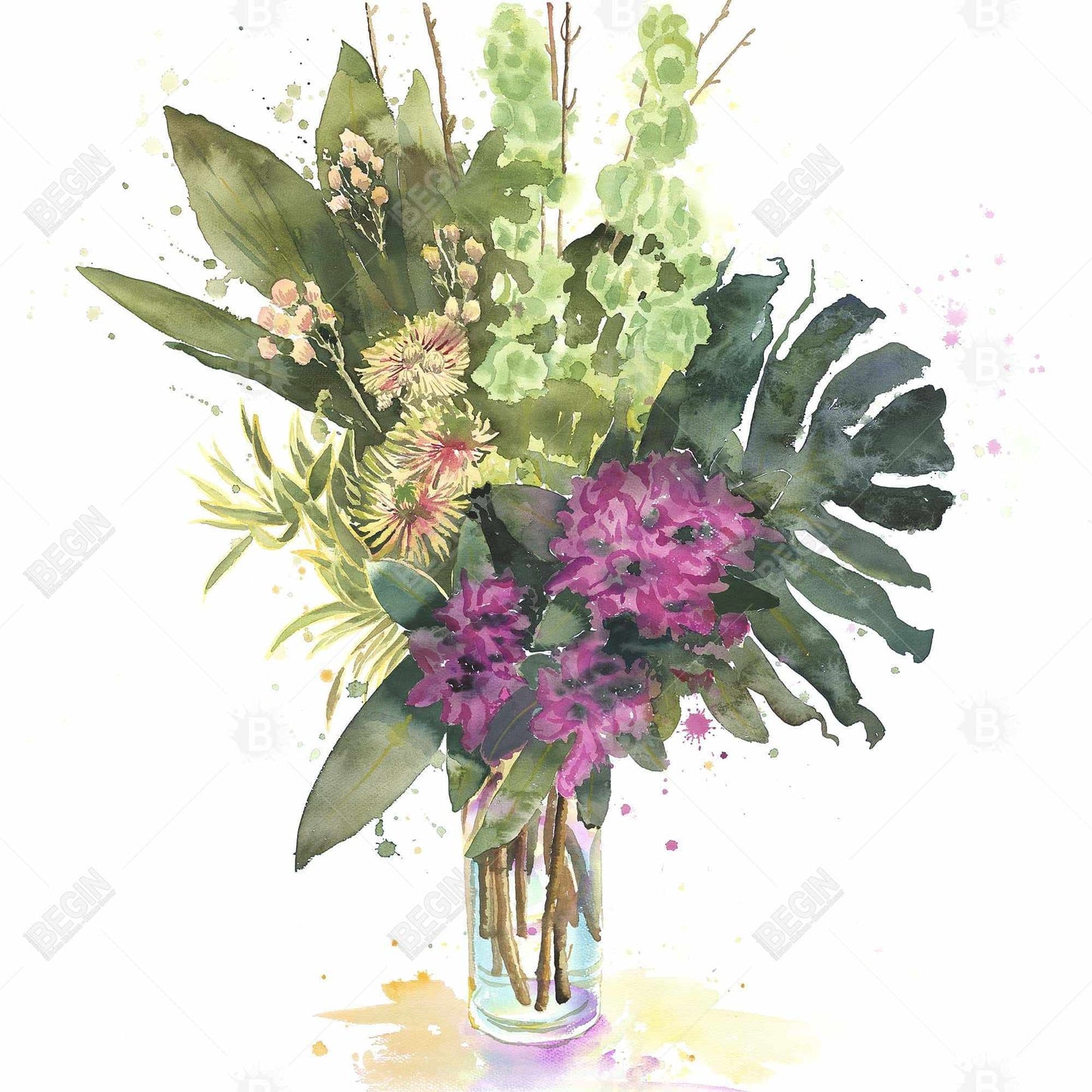 Tropical Flower Assemblage - Green Botanical Canvas Decor