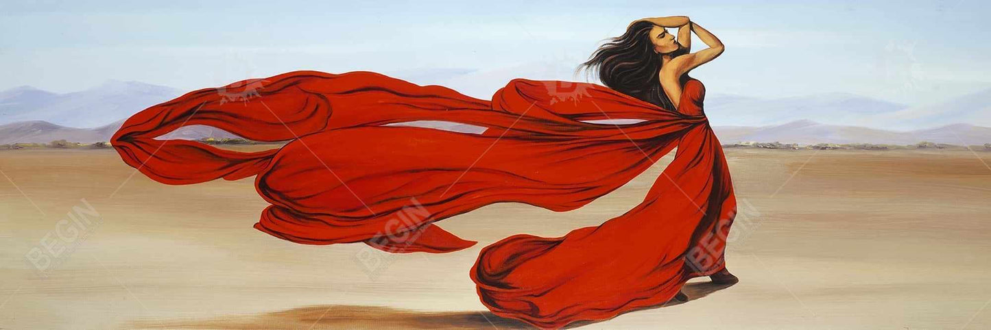 Contemporary Blue Canvas - Woman in Red Dress Desert Decor