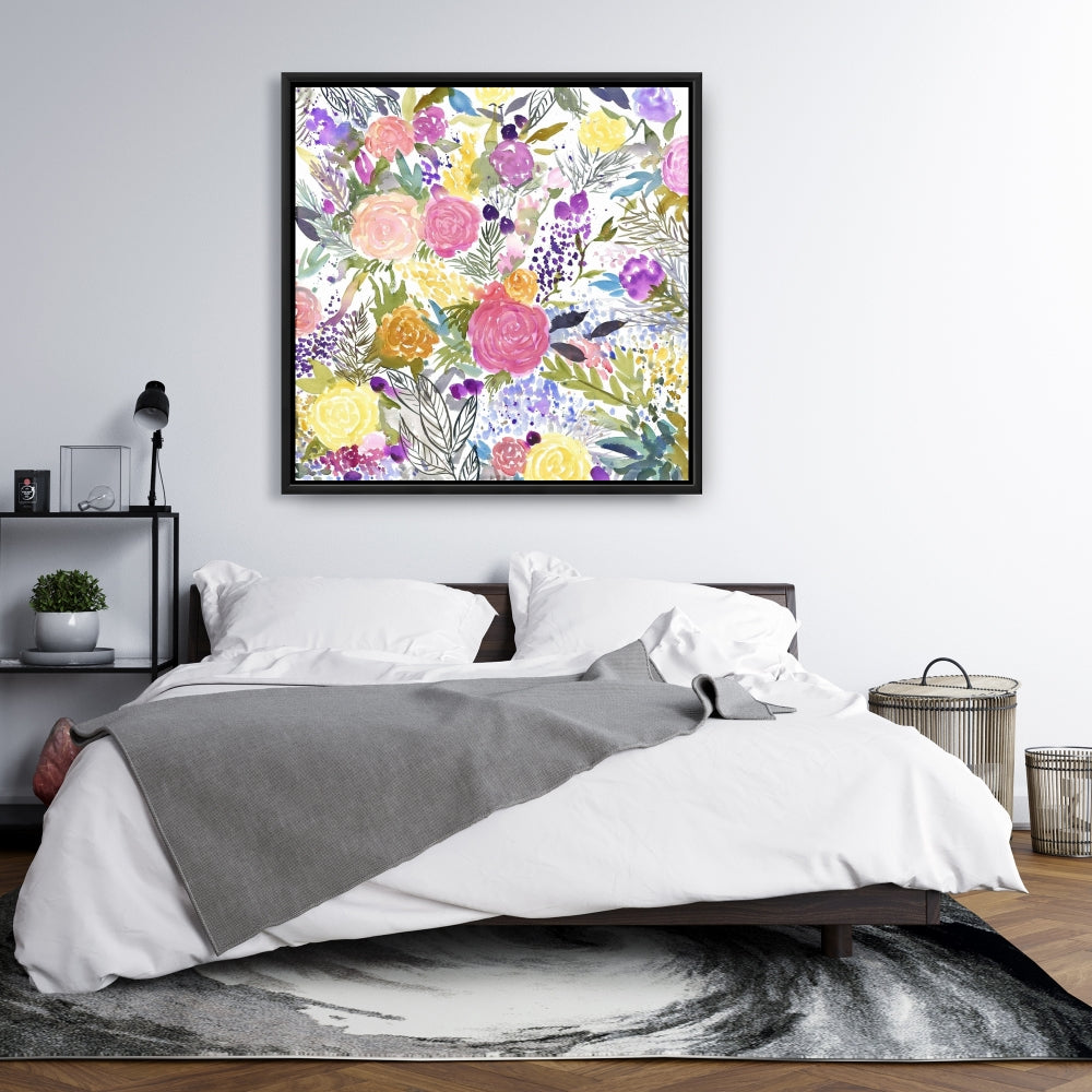 Botanical Purple Framed Canvas | Bundle of Flowers Decor