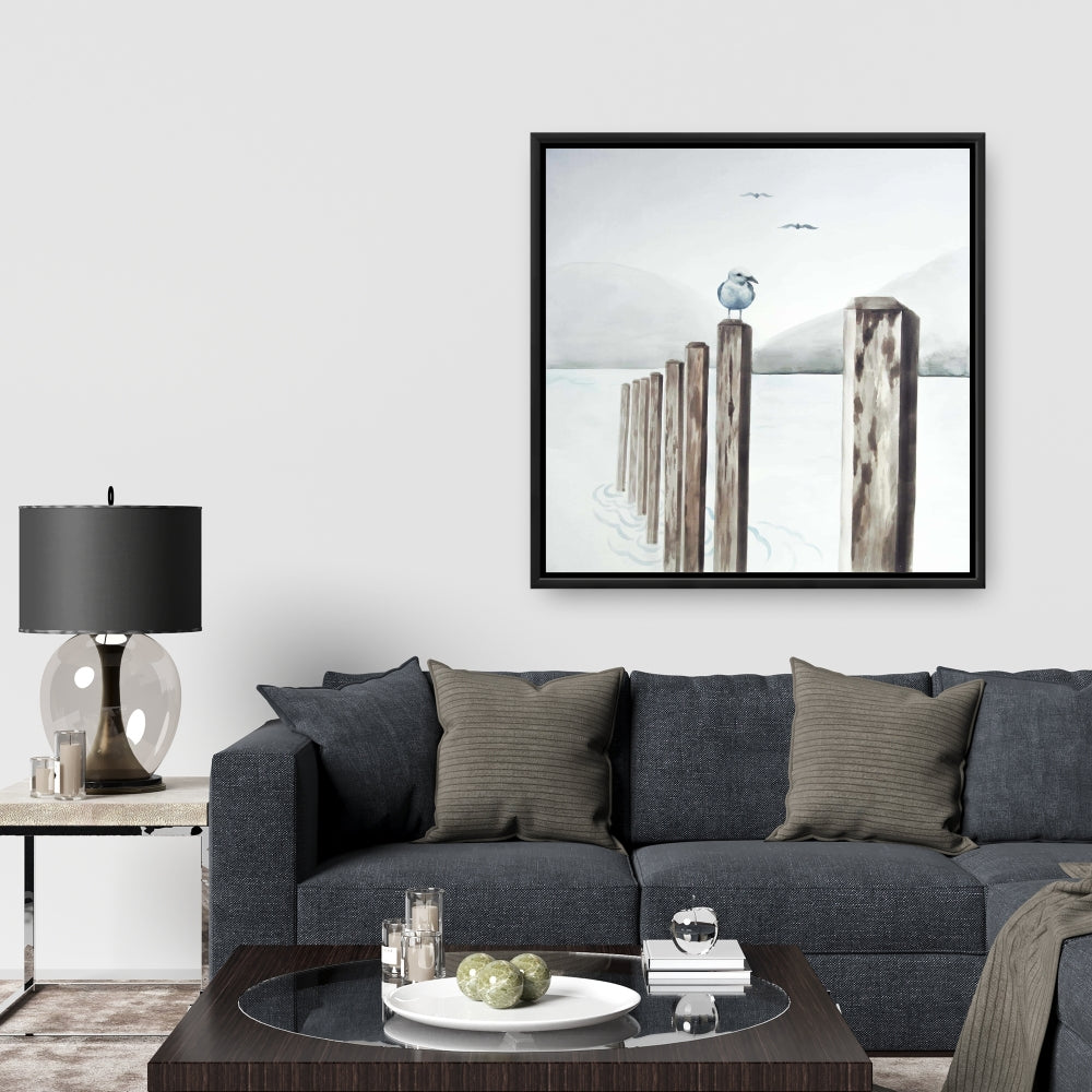 Mouette à la marina | Toile encadrée bleu marine