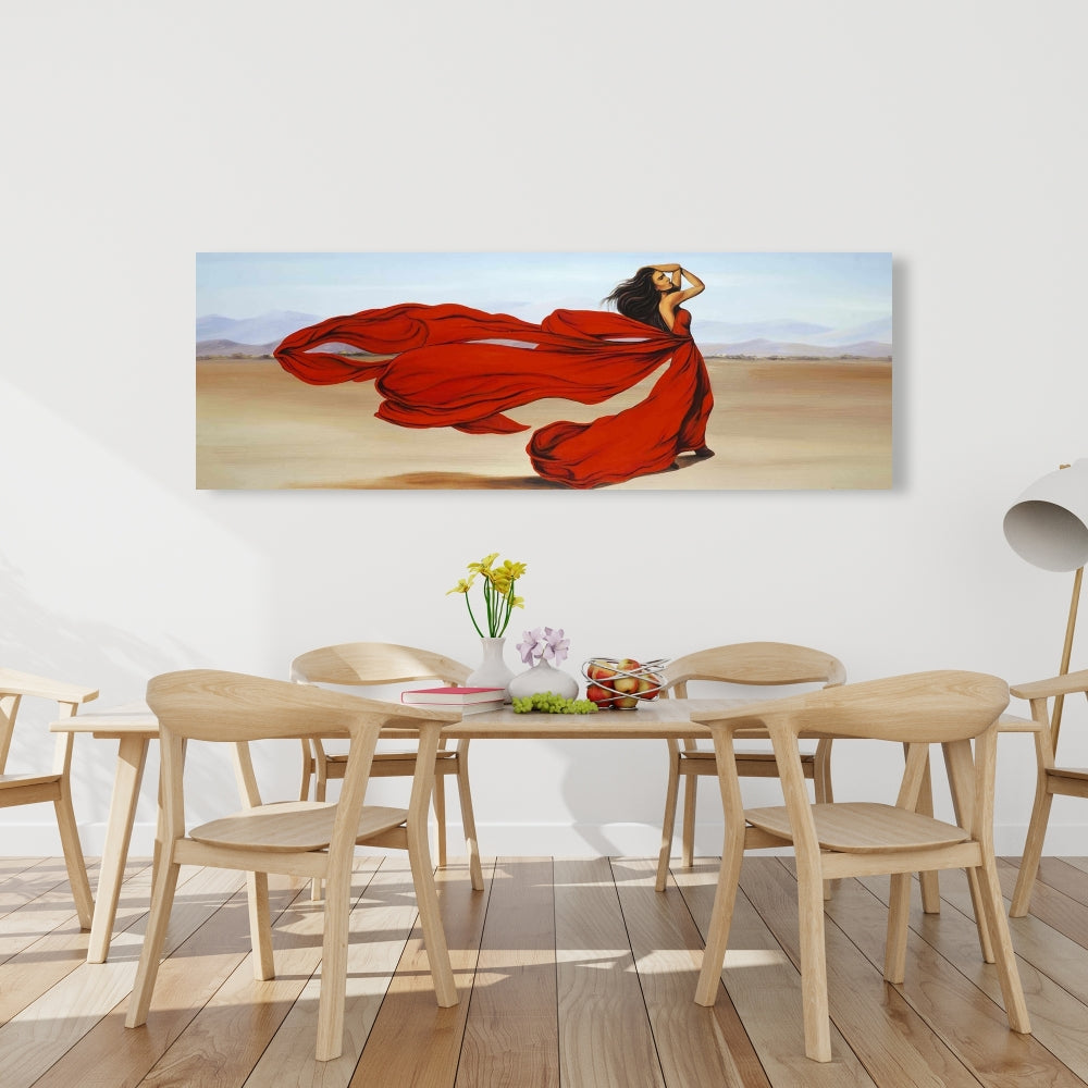 Contemporary Blue Canvas - Woman in Red Dress Desert Decor