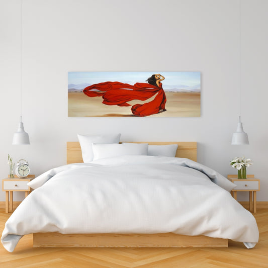 Contemporary Blue Canvas - Woman in Red Dress Desert Decor