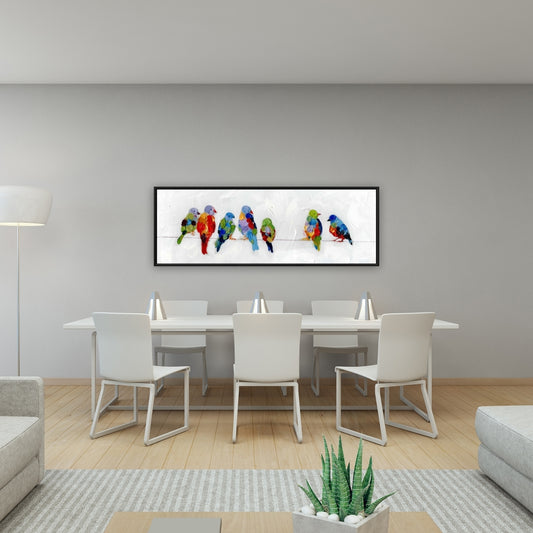 Oiseaux colorés sur un fil - Décoration de chambre bleue sur toile encadrée