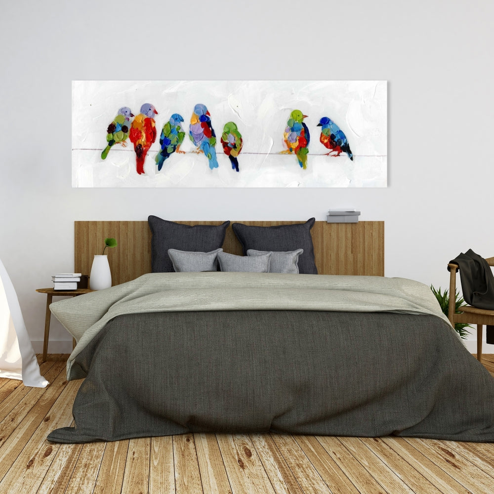 Colorful Birds on a Wire Canvas - Blue Animals Home Decor