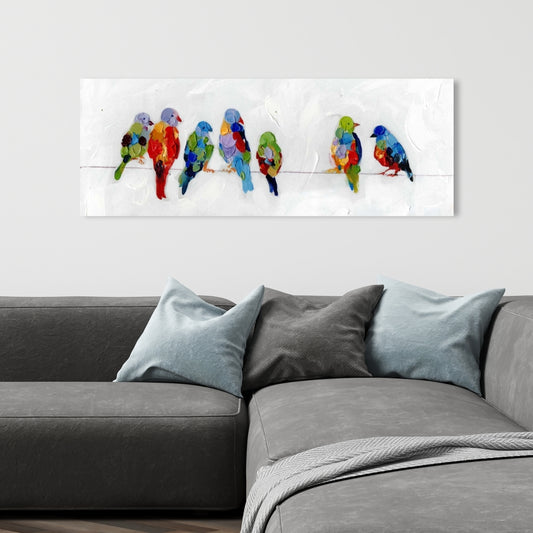 Colorful Birds on a Wire Canvas - Blue Animals Home Decor