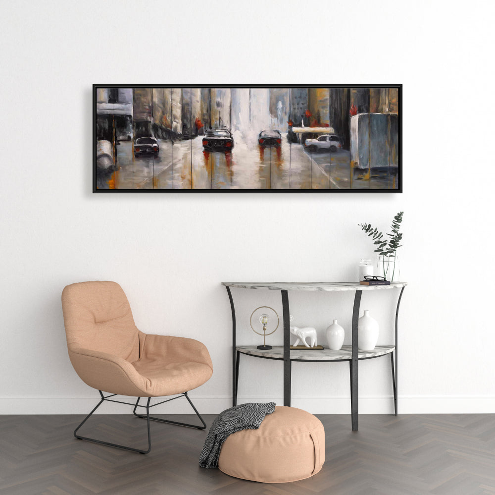 Cars in the Morning Rain | Brown Industrial Framed Canvas Decor