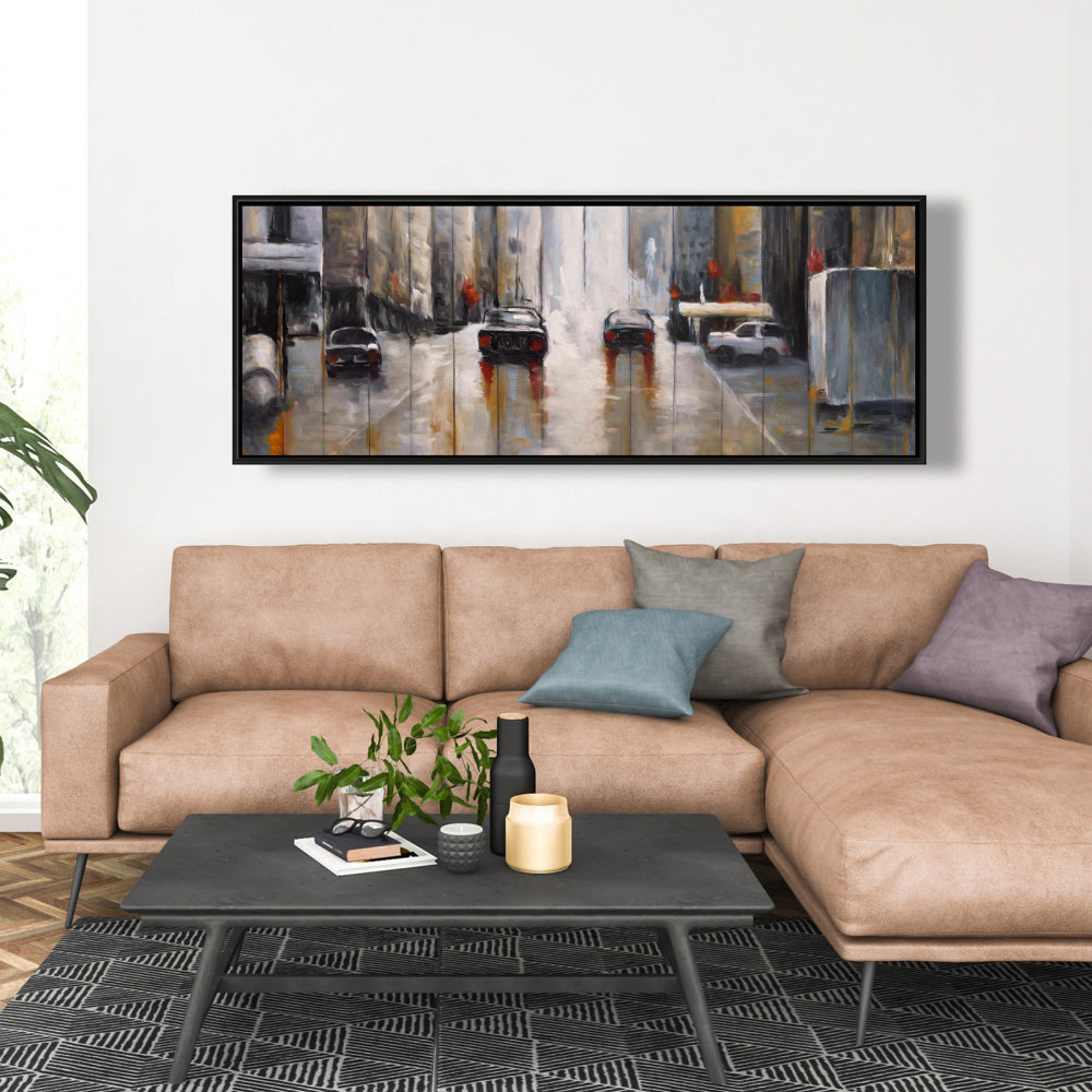 Cars in the Morning Rain | Brown Industrial Framed Canvas Decor