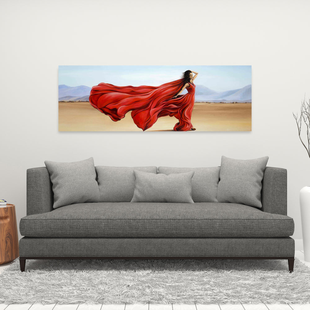 Red Dress in Desert - Blue Contemporary Beach Canvas Decor
